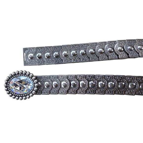 Vintage Brutalist  Bling Metal Stretch Belt Large Oval Crystal Whimsy Goth - Picture 7 of 8